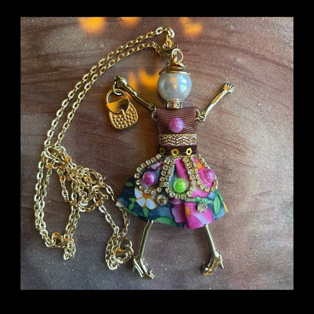 Boutique Doll Necklace Pink Watercolor Dress Rhinestone Long Necklace! - Picture 9 of 13